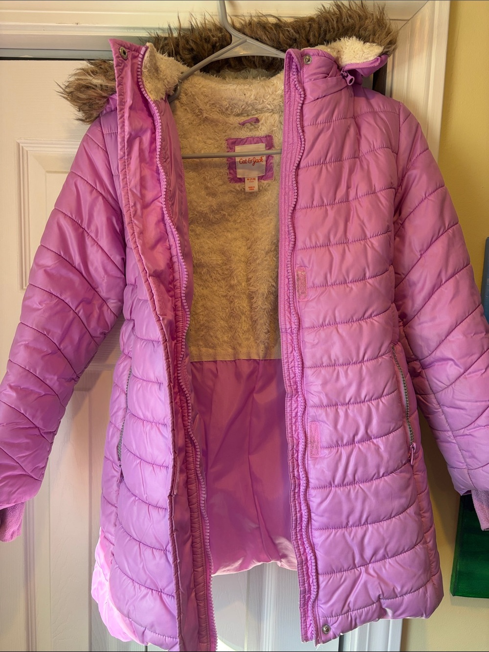 Cat & Jack Lavender Pink Puffer Coat with Faux-Fur Hood